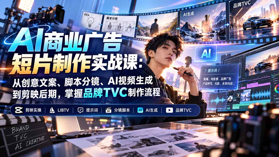 AI商业广告短片制作实战课:从创意文案、脚本分镜、AI视频生成到剪映后期,掌握品牌TVC制作流程-来聚吧