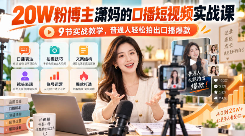 20W粉博主潇妈的口播短视频实战课,9节实战教学,普通人轻松拍出口播爆款-来聚吧