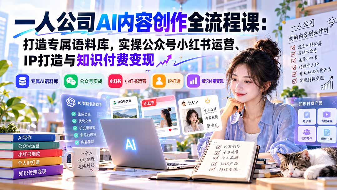 一人公司AI内容创作全流程课:打造专属语料库,实操公众号小红书运营、IP打造与知识付费变现方法论-来聚吧
