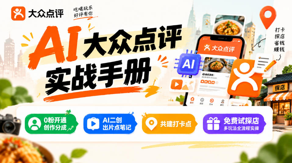 某局的AI大众点评实战手册,0粉开通创作分成、AI二创出片点笔记、共建打卡点、免费试探店多玩法全流程实操-来聚吧