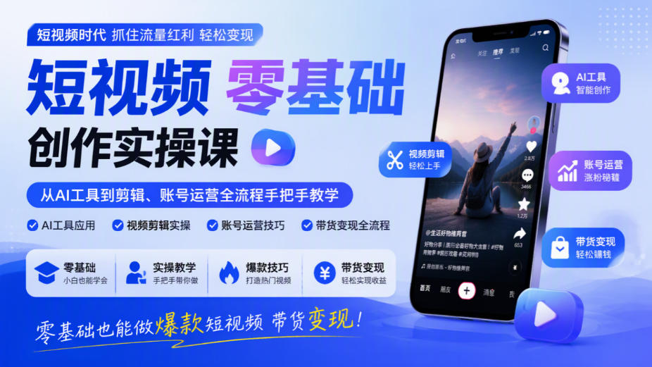 短视频零基础创作实操课，从AI工具到剪辑、账号运营全流程手把手教学，零基础也能做爆款短视频带货变现-来聚吧
