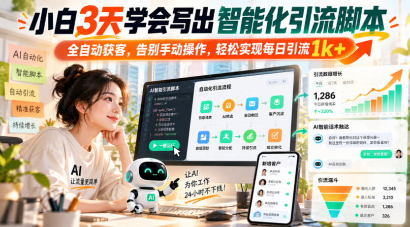 小白3天学会写出智能化引流脚本，全自动获客，告别手动操作，轻松实现每日引流1k+-来聚吧
