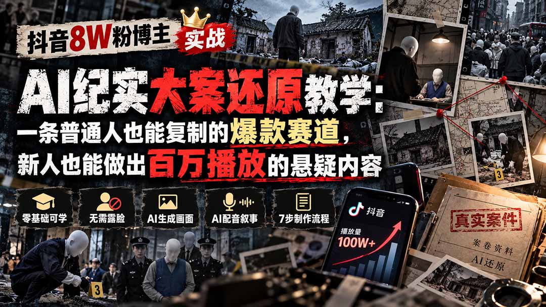 抖音8W粉博主AI纪实大案还原教学:一条普通人也能复制的爆款赛道,新人也能做出百万播放的悬疑内容-来聚吧