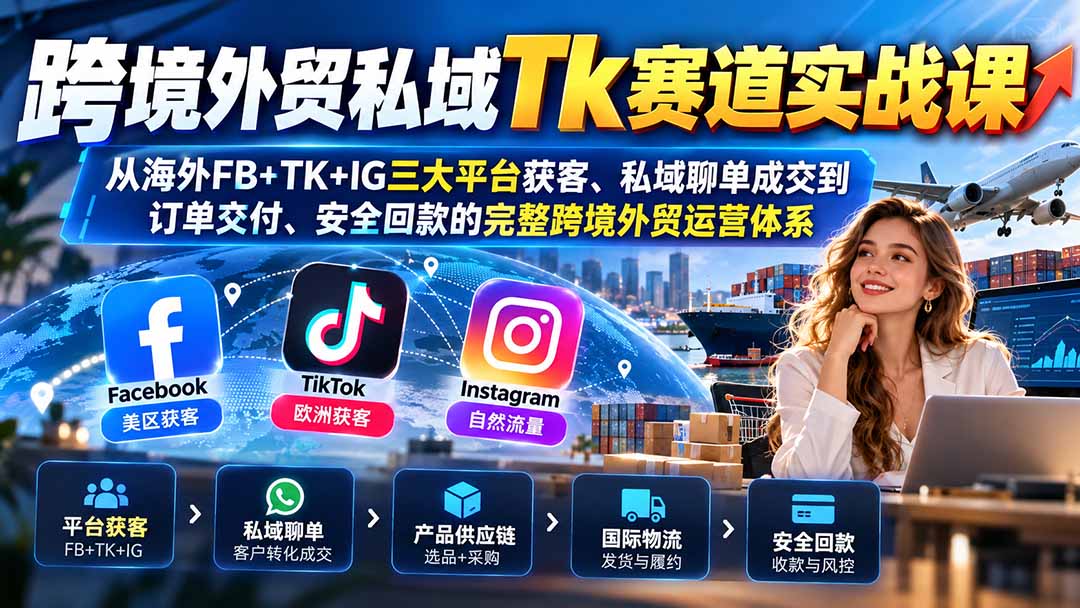 跨境外贸私域Tk赛道实战课:从海外FB+TK+IG三大平台获客、私域聊单成交到订单交付、安全回款的完整跨境外贸运营体系-来聚吧