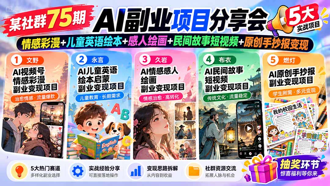 某社群75期AI副业项目分享会:情感彩漫+儿童英语绘本+感人绘画+民间故事短视频+原创手抄报变现-来聚吧