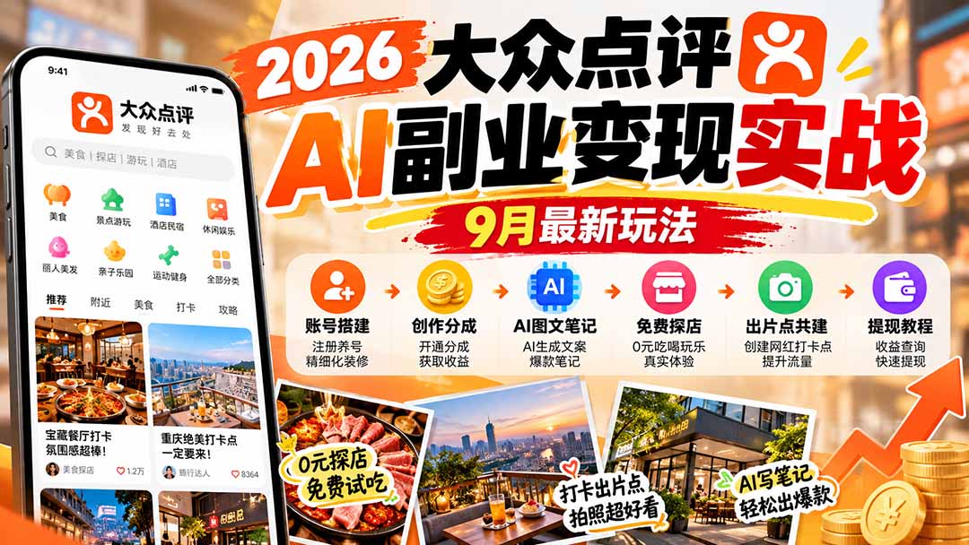 2026大众点评AI副业变现实战9月最新玩法：账号搭建+创作分成+AI图文笔记+免费探店+出片点共建与提现教程-来聚吧
