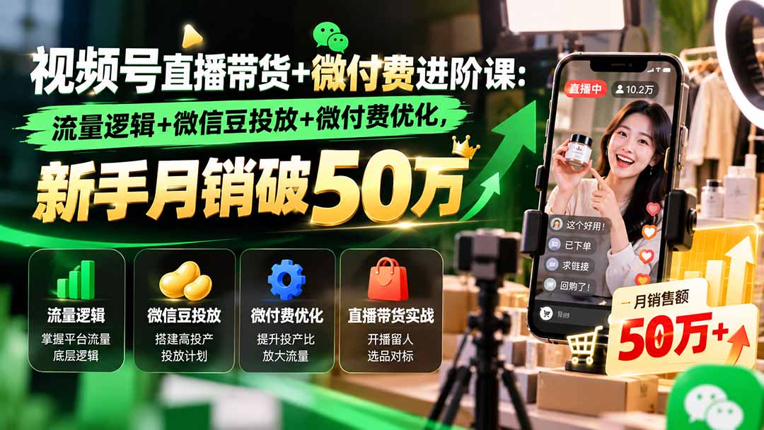 视频号直播带货+微付费进阶课-更新1010:流量逻辑+微信豆投放+微付费优化,新手月销破50万-来聚吧