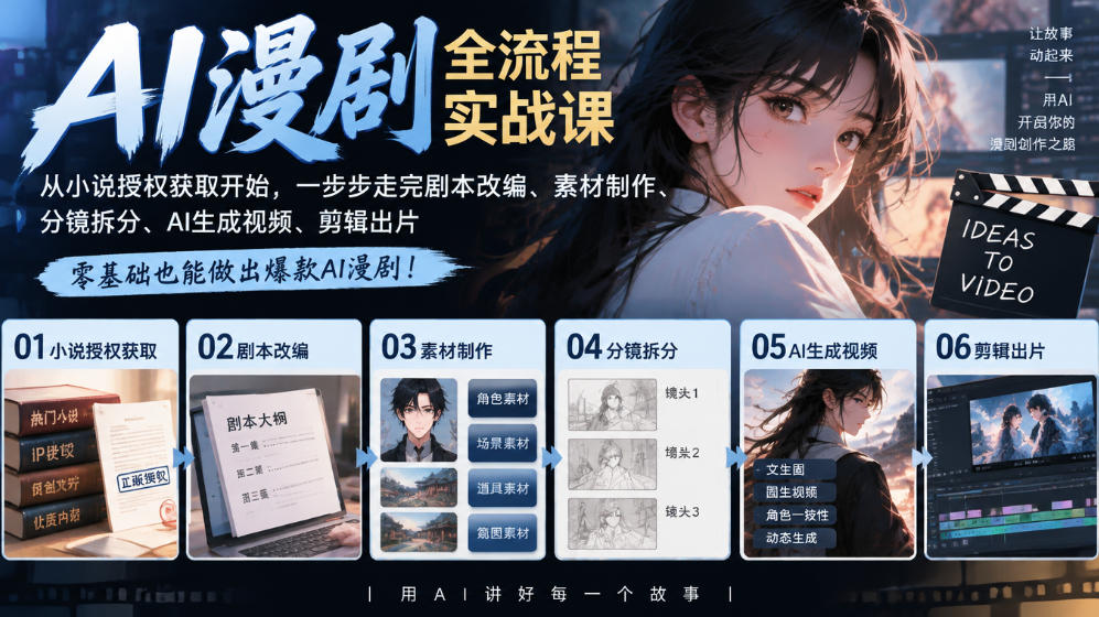 AI漫剧全流程实战课|从小说授权获取开始,一步步走完剧本改编、素材制作、分镜拆分、AI生成视频、剪辑出片全流程-来聚吧