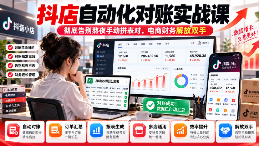 抖店自动化对账实战课,彻底告别熬夜手动拼表对,账电商财务解放双手-来聚吧