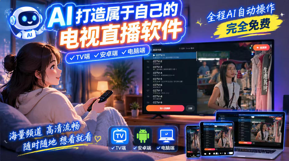 一个提示词,AI全自动做出电视直播软件,电脑、安卓、电视三端通用,完全免费,画质流畅不卡顿-来聚吧