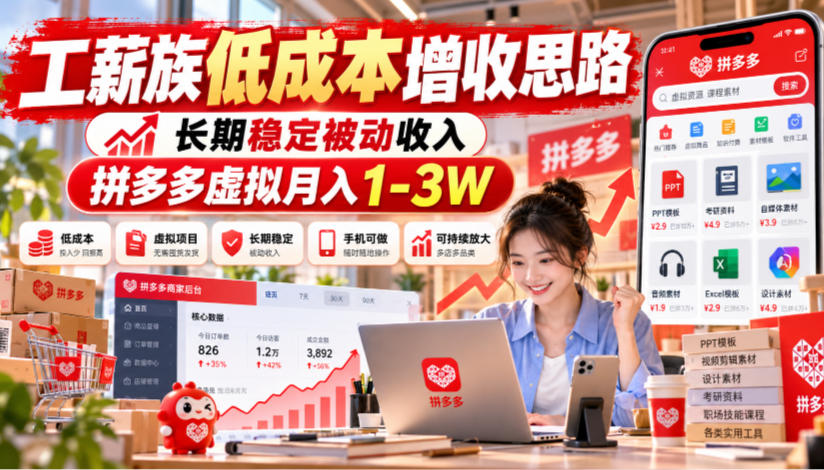 工薪族低成本增收思路,长期稳定被动收入,拼多多虚拟月入1-3W-来聚吧