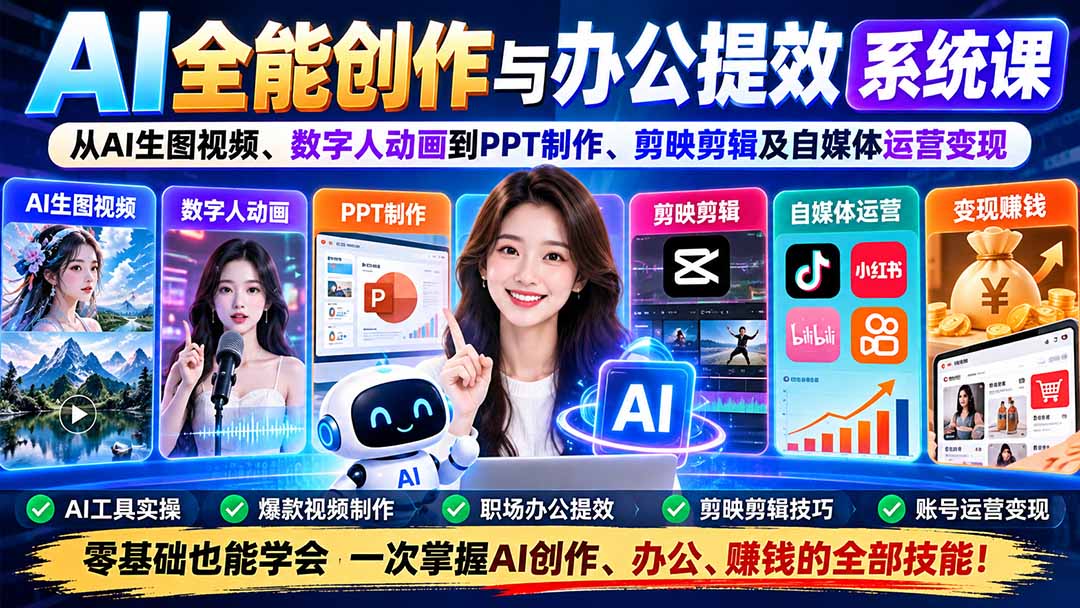 AI全能创作与办公提效系统课：从AI生图视频、数字人动画到PPT制作、剪映剪辑及自媒体运营变现-来聚吧