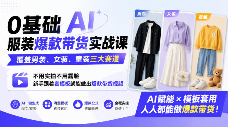 0基础AI服装爆款带货实战课|覆盖男装、女装、童装三大赛道,不用实拍不用露脸,新手跟着套模板就能做出爆款带货视频(更新1010)-来聚吧