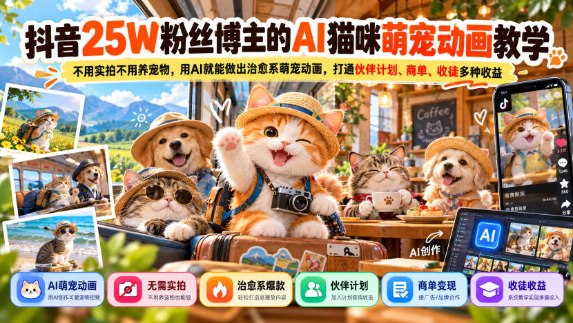 抖音25W粉丝博主的AI猫咪萌宠动画教学,不用实拍不用养宠物,用AI就能做出治愈系萌宠动画,打通伙伴计划、商单、收徒多种收益-来聚吧