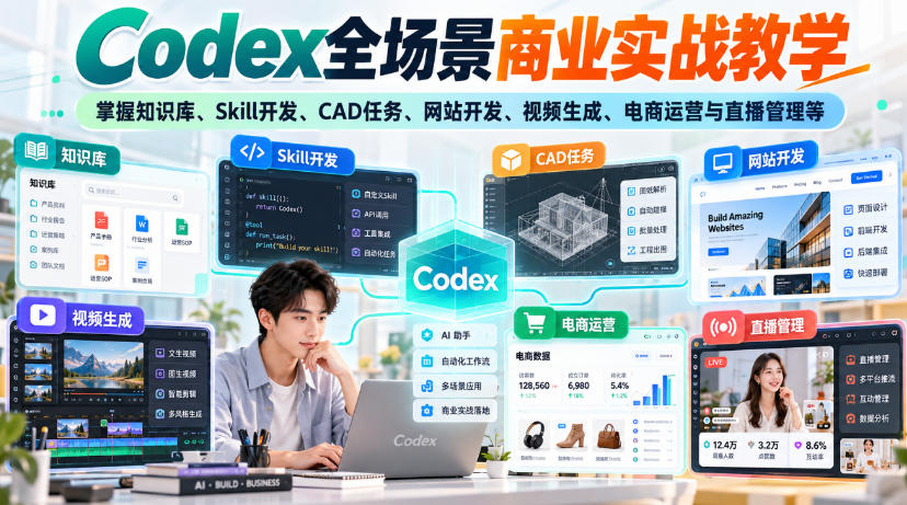 Codex全场景商业实战教学,掌握知识库、Skill开发、CAD任务、网站开发、视频生成、电商运营与直播管理等(更新1010)-来聚吧