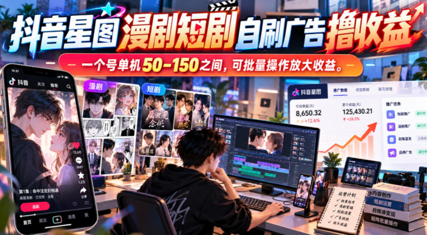 抖音星图漫剧短剧自刷广告撸收益,一个号单机50-150之间,可批量操作放大收益-来聚吧