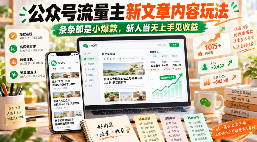 公众号流量主新文章内容玩法,条条都是小爆款,新人当天上手见收益-来聚吧