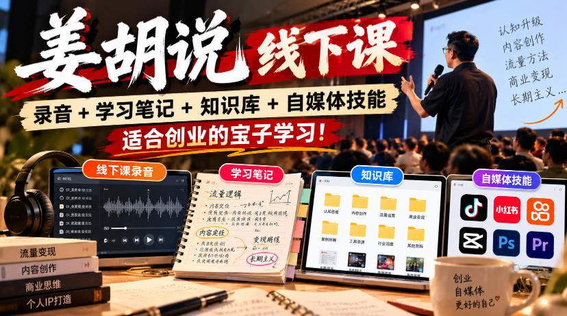 姜胡说线下课录音+学习笔记+知识库+自媒体技能,适合创业的宝子学习!-来聚吧