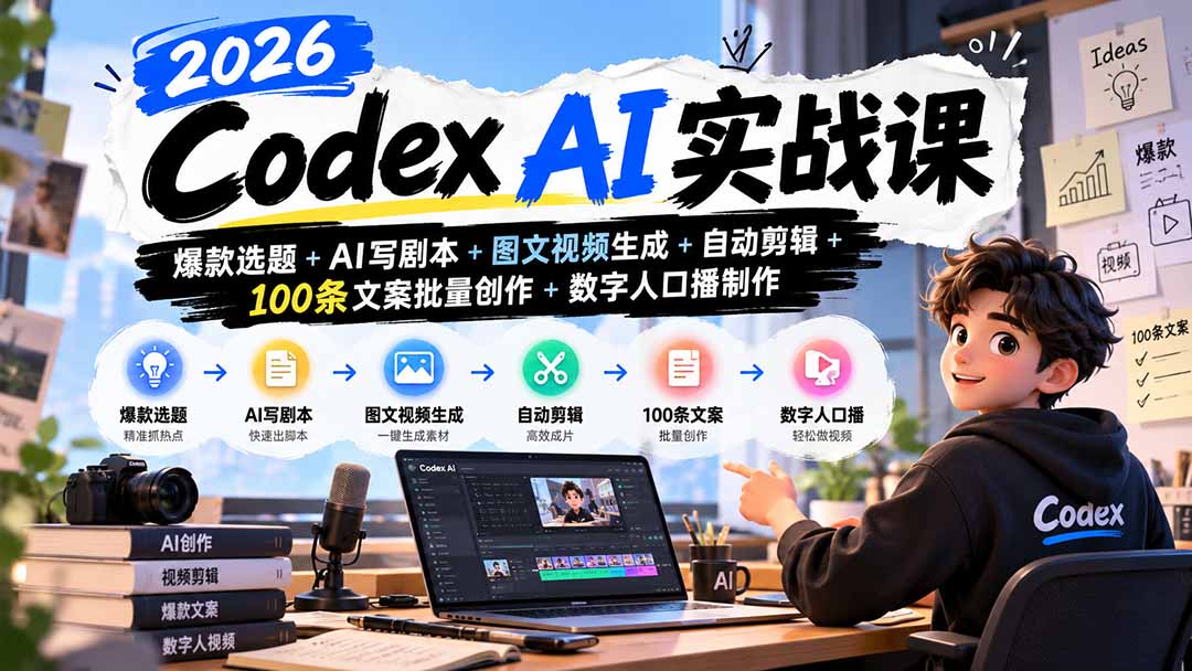 2026Codex AI实战课：爆款选题+AI写剧本+图文视频生成+自动剪辑+100条文案批量创作+数字人口播制作-来聚吧