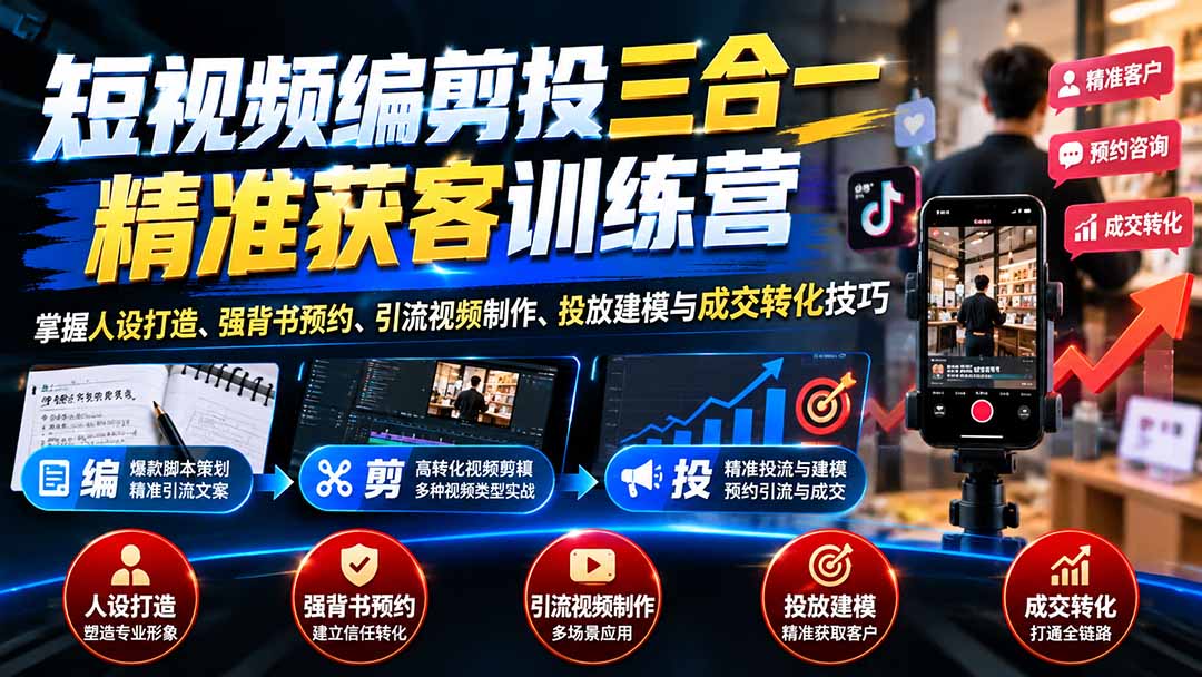 短视频编剪投三合一精准获客训练营:掌握人设打造、强背书预约、引流视频制作、投放建模与成交转化技巧-来聚吧