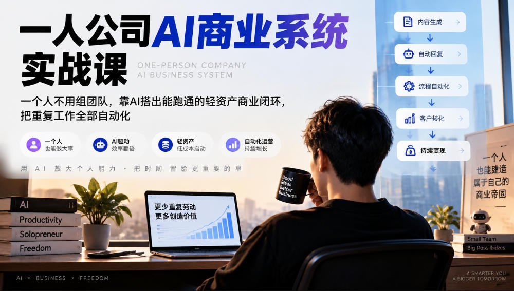一人公司AI商业系统实战课,一个人不用组团队,靠AI搭出能跑通的轻资产商业闭环,把重复工作全部自动化-来聚吧
