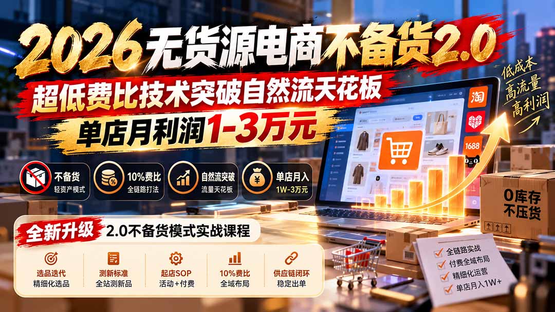 2026无货源电商不备货2.0【更新1010】:超低费比技术突破自然流天花板,单店月利润1-3万元-来聚吧
