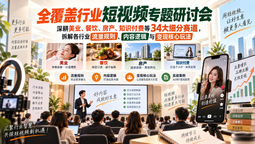 短视频专题研讨会,深耕美业、餐饮、房产、知识付费等34大细分赛道,拆解各行业流量规则、内容逻辑与变现核心玩法(更新1011)-来聚吧
