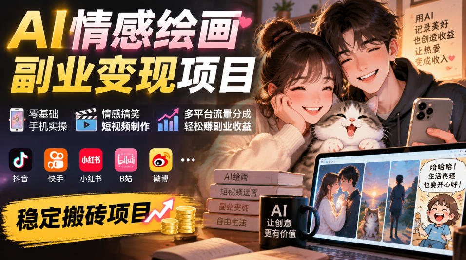 AI情感绘画副业变现项目|零基础手机实操,情感搞笑短视频制作,多平台流量分成轻松賺副业收益-来聚吧