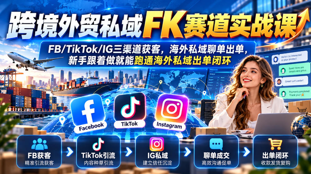 跨境外贸私域FK赛道实战课｜FB/TikTok/IG三渠道获客，海外私域聊单出单，新手跟着做就能跑通海外私域出单闭环-来聚吧