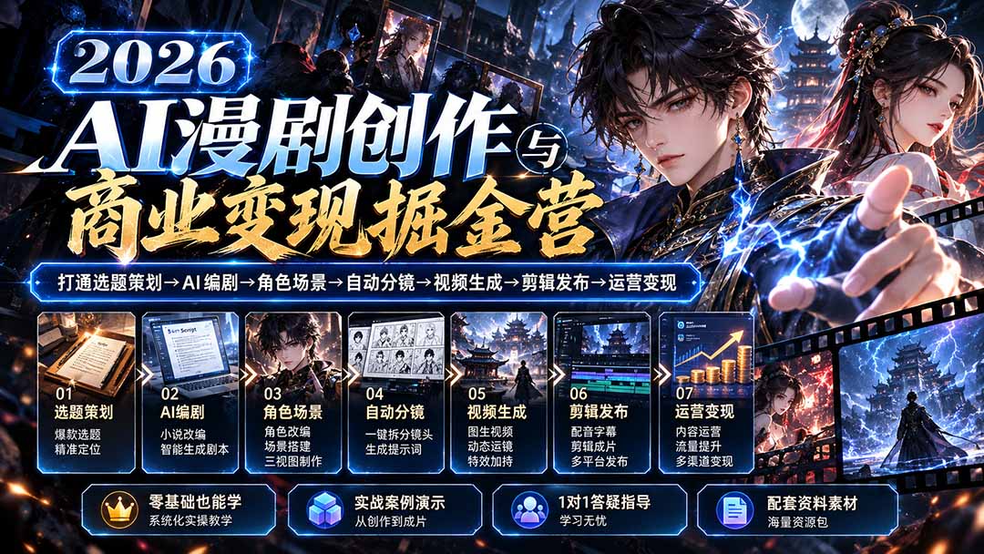 【无水印】2026AI漫剧创作与商业变现掘金营：打通选题→AI编剧→角色场景→自动分镜→视频生成→剪辑发布→运营变现-来聚吧