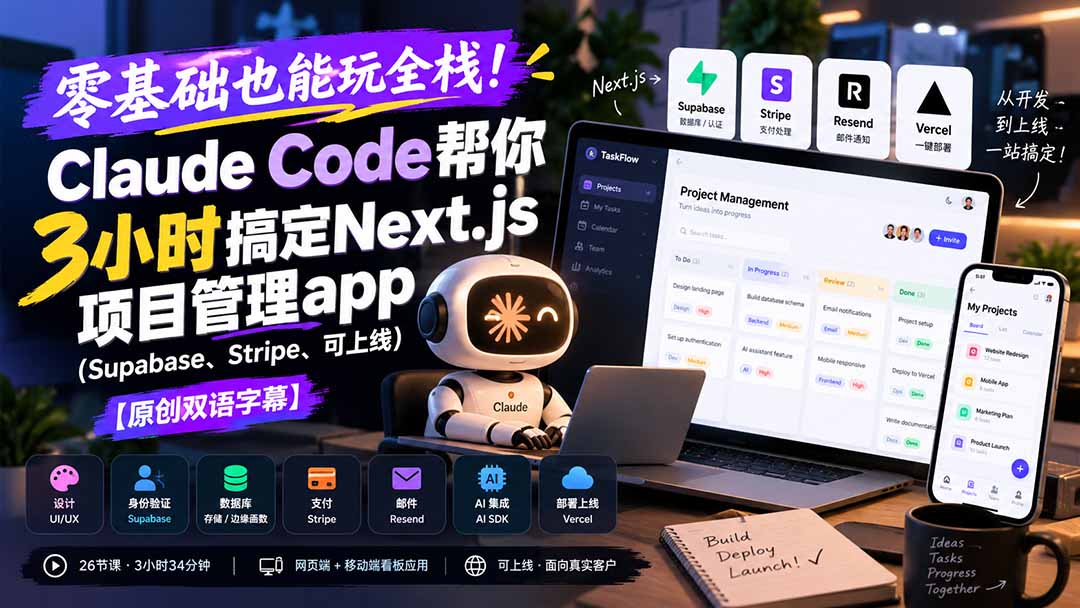 零基础也能玩全栈!Claude Code帮你3小时搞定Next.js项目管理app(Supabase、Stripe、可上线-来聚吧