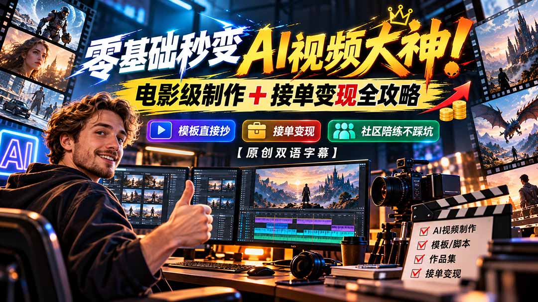 零基础秒变AI视频大神！电影级制作 + 接单变现全攻略，模板直接抄，社区陪练不踩坑【原创双语字幕】-来聚吧