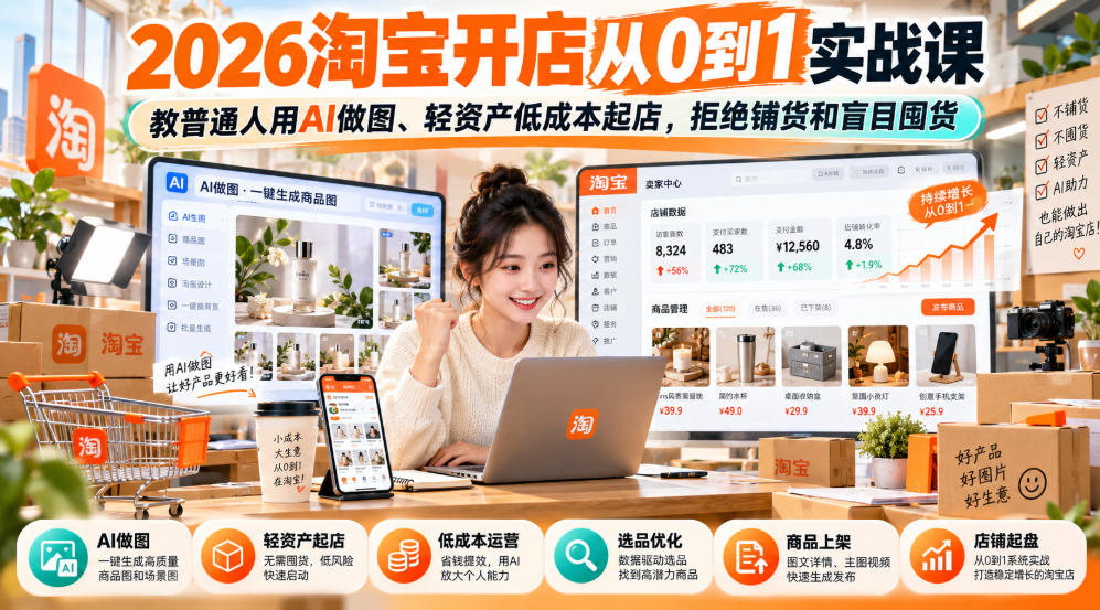 2026淘宝开店从0到1实战课,教普通人用AI做图、轻资产低成本起店,拒绝铺货和盲目囤货-来聚吧
