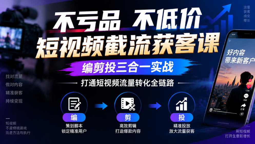不亏品不低价短视频截流获客课,编剪投三合一实战,打通短视频流量转化全链路-来聚吧
