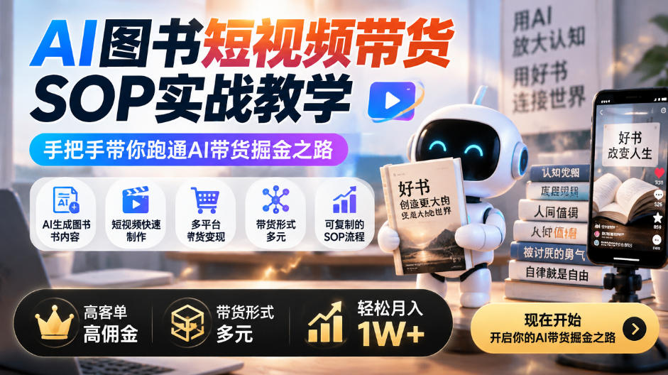 AI图书短视频带货SOP实战教学，手把手带你跑通AI带货掘金之路，高客单高佣金，带货形式多元，轻松月入1W+-来聚吧