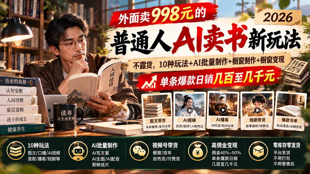 外面卖998元的2026普通人AI卖书新玩法：不露脸、不囤货，10种玩法+AI批量制作+橱窗变现，单条爆款日销几百至几千元-来聚吧