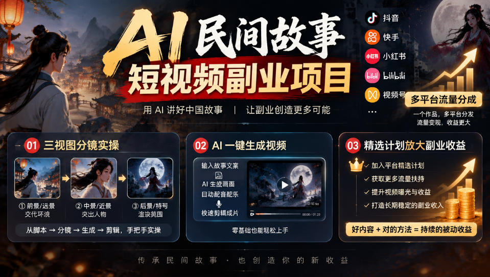 AI民间故事短视频副业项目,多平台流量分成,三视图分镜实操,精选计划放大副业收益-来聚吧