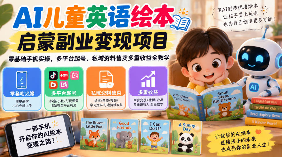 AI儿童英语绘本启蒙副业变现项目，零基础手机实操，多平台起号，私域资料售卖多重收益全教学-来聚吧