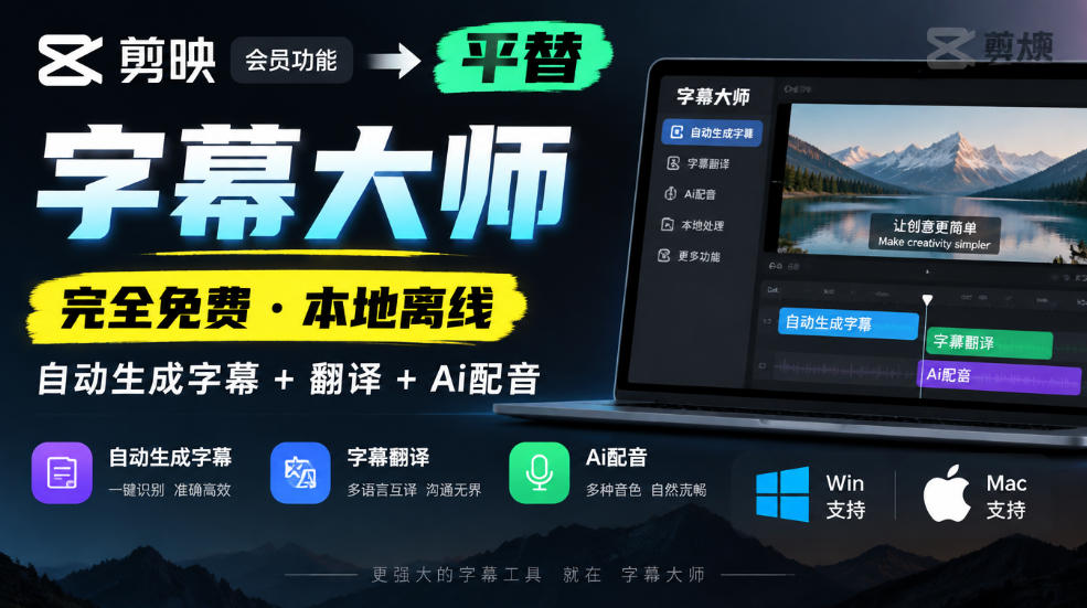 剪映会员功能平替,字幕大师完全免费本地离线,支持自动生成字幕+翻译+Ai配音,Win和Mac都支持!-来聚吧