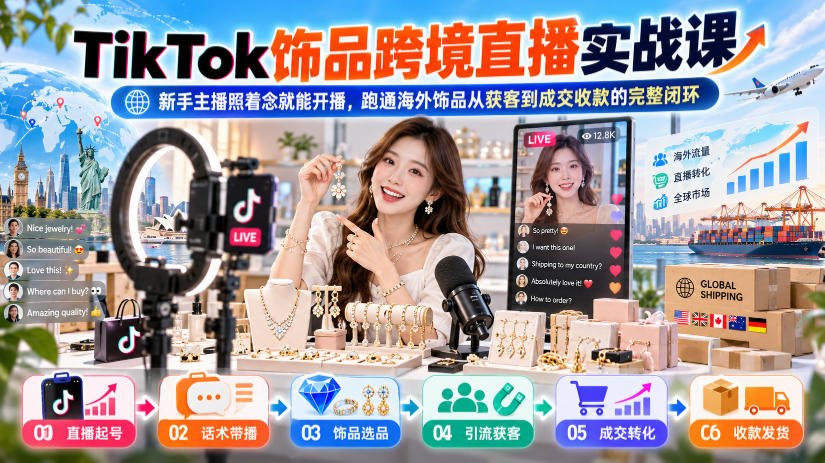 TikTok饰品跨境直播实战课，新手主播照着念就能开播，跑通海外饰品从获客到成交收款的完整闭环-来聚吧