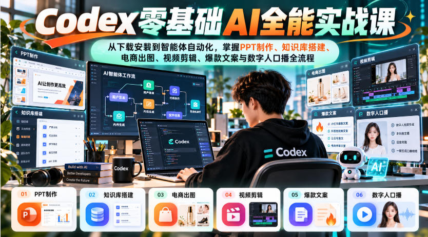 Codex零基础AI全能实战课：从下载安装到智能体自动化，掌握知识库搭建、电商出图、视频剪辑、爆款文案与数字人口播全流程-来聚吧