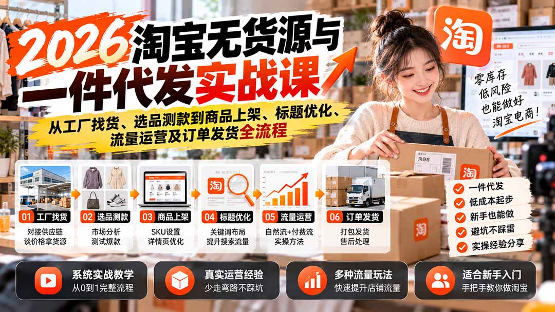 2026淘宝无货源与一件代发实战课:从工厂找货、选品测款到商品上架、标题优化、流量运营及订单发货全流程-来聚吧