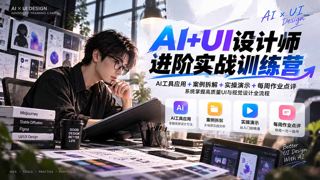 【无水印】AI+UI设计师进阶训练营-第4期:AI工具应用+案例拆解+实操演示+作业点评,掌握高质量UI与视觉设计全流程-来聚吧