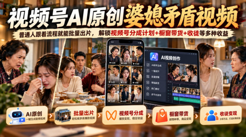 视频号ai原创婆媳矛盾视频,普通人跟着流程就能批量出片,解锁视频号分成计划+橱窗带货+收徒等多种收益-来聚吧