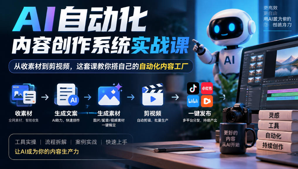 AI自动化内容创作系统实战课，从收素材到剪视频，这套课教你搭自己的自动化内容工厂-来聚吧