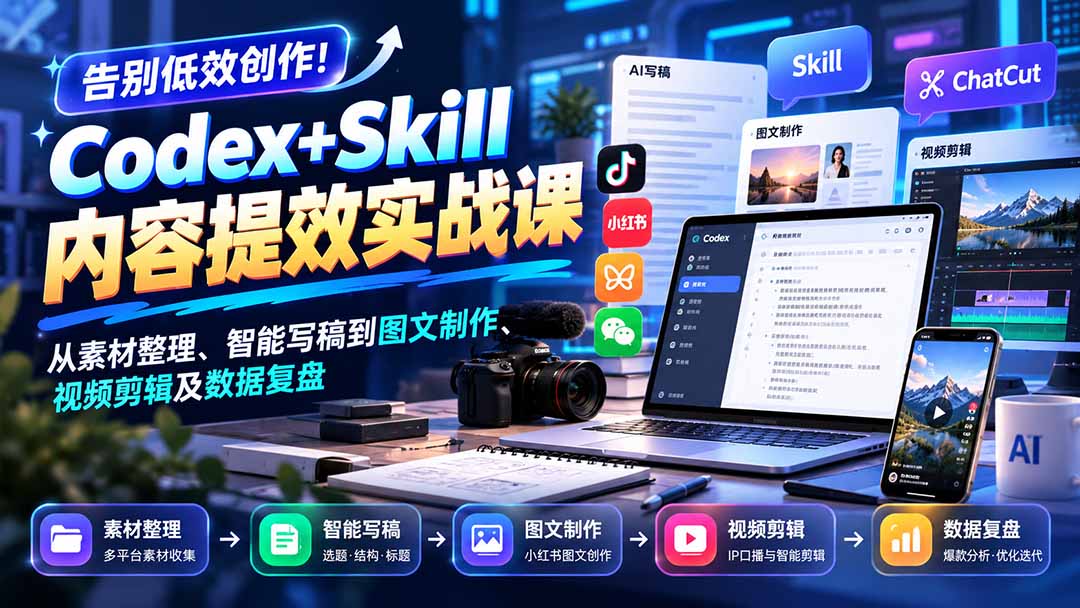 【无水印】告别低效创作！Codex+Skill内容提效实战课：从素材整理、智能写稿到图文制作、视频剪辑及数据复盘-来聚吧