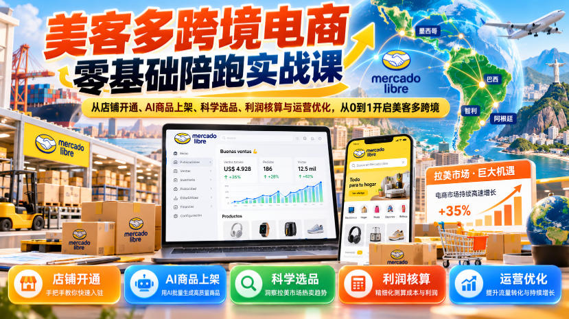 美客多跨境电商零基础陪跑实战课:从店铺开通、AI商品上架、科学选品、利润核算与运营优化,从0到1开启美客多跨境-来聚吧