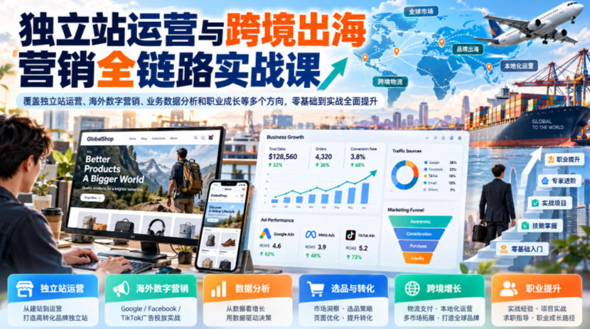 独立站运营与跨境出海营销全链路实战课,覆盖独立站运营、海外数字营销、业务数据分析和职业成长等多个方向,零基础到实战全面提升-来聚吧