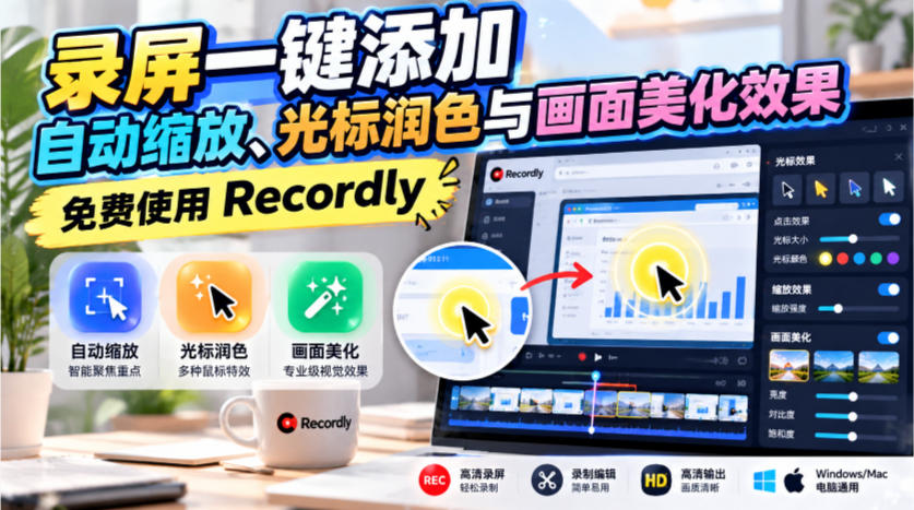 录屏一键添加自动缩放、光标润色与画面美化效果,免费使用Recordly-来聚吧
