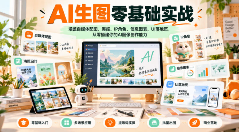 AI生图零基础实战,涵盖自媒体配图、海报、IP角色、信息图表、UI落地页,从零搭建你的AI图像创作能力-来聚吧